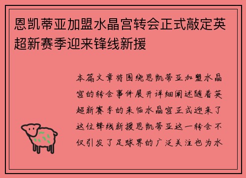 恩凯蒂亚加盟水晶宫转会正式敲定英超新赛季迎来锋线新援