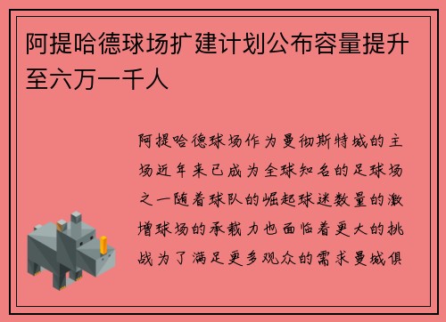 阿提哈德球场扩建计划公布容量提升至六万一千人